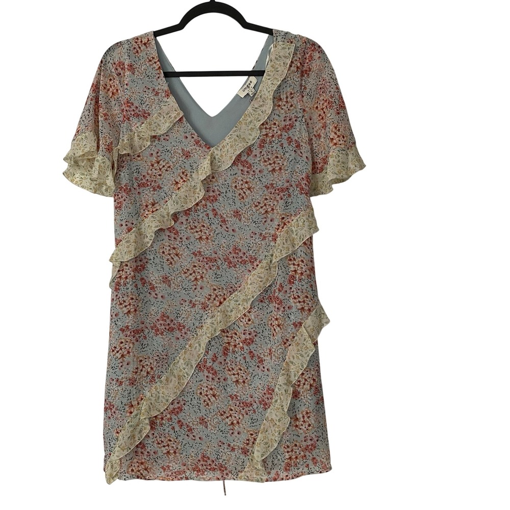 Umgee Floral Ruffle Mini Dress, V-neck, NWT, Size Small, blue pink cream